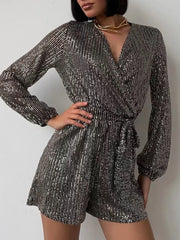 Plus Size Sequin Tie Waist Long Sleeve Romper for Women | Glam Party One-Piece Outfit